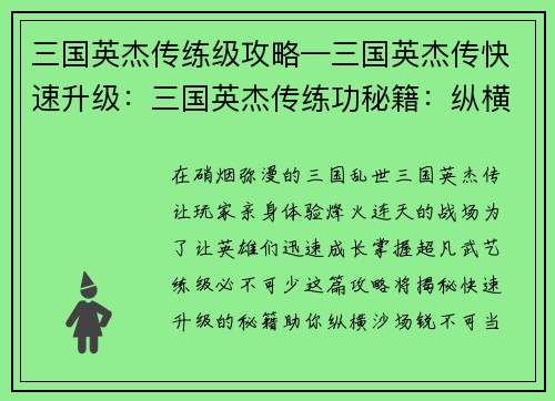 三国英杰传练级攻略—三国英杰传快速升级：三国英杰传练功秘籍：纵横沙场，锐不可当