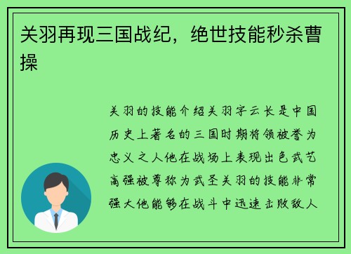 关羽再现三国战纪，绝世技能秒杀曹操
